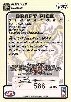 2005 Select Dynasty AFL - Draft Pick Signatures #DS20 Dean Polo Back